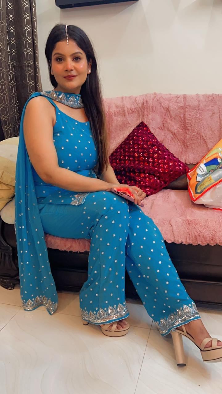 Sky blue sequin palazzo suit with dupatta